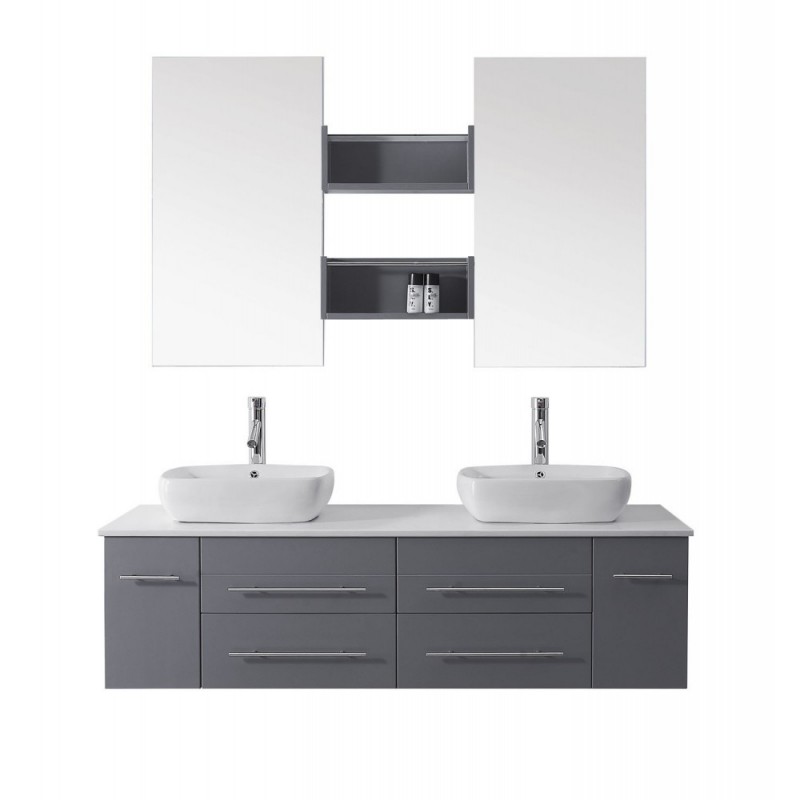 Augustine 59" Double Bathroom Vanity in Grey with White Engineered Stone Top and Square Sink with Polished Chrome Faucet and Mirrors