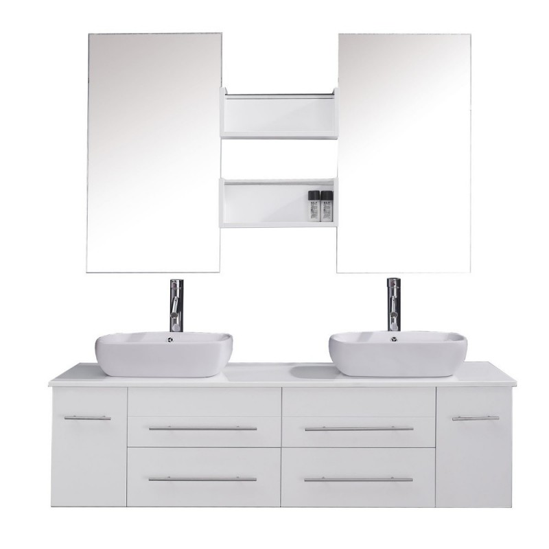 Augustine 59" Double Bathroom Vanity in White with White Engineered Stone Top and Square Sink with Brushed Nickel Faucet and Mirrors