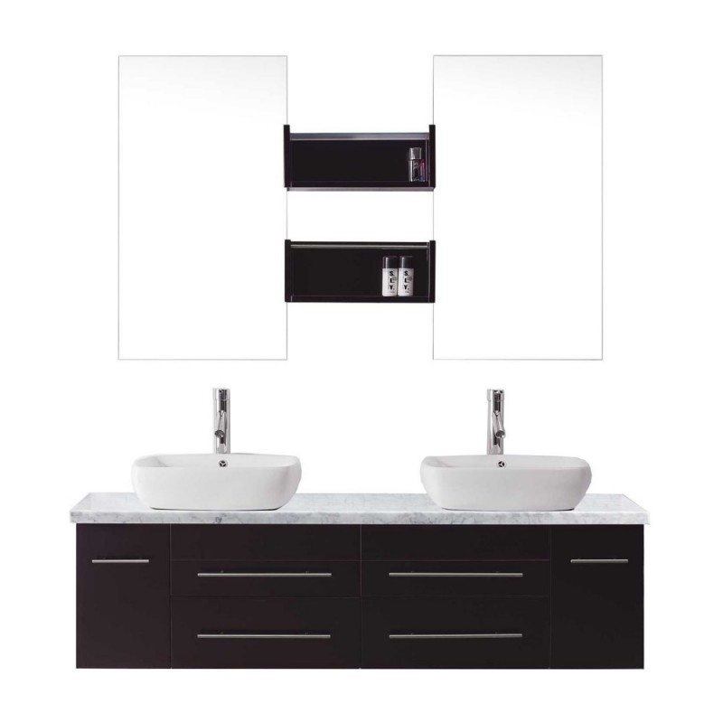 Augustine 59" Double Bathroom Vanity in Espresso with Marble Top and Square Sink with Brushed Nickel Faucet and Mirrors