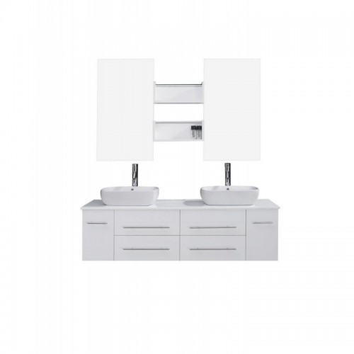 Augustine 59" Double Bathroom Vanity in White with Marble Top and Square Sink with Brushed Nickel Faucet and Mirrors