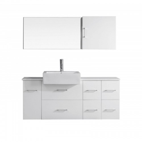 Hazel 55" Single Bathroom Vanity in White with White Ceramic Top and Square Sink with Brushed Nickel Faucet and Mirror