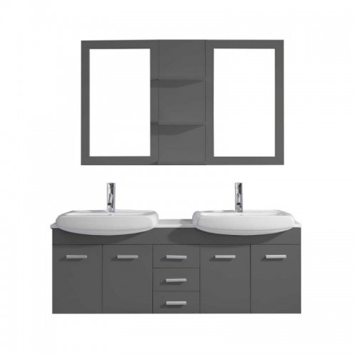 Ophelia 59" Double Bathroom Vanity in Grey with White Ceramic Top and Square Sink with Polished Chrome Faucet and Mirrors