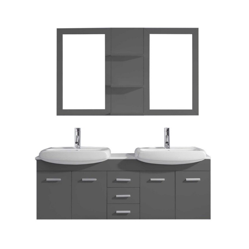Ophelia 59" Double Bathroom Vanity in Grey with White Ceramic Top and Square Sink with Polished Chrome Faucet and Mirrors