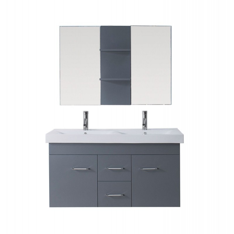 Opal 48" Double Bathroom Vanity in Grey with White Ceramic Top and Square Sink with Brushed Nickel Faucet and Mirror