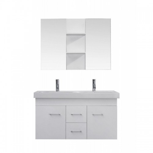Opal 48" Double Bathroom Vanity in White with White Ceramic Top and Square Sink with Brushed Nickel Faucet and Mirror