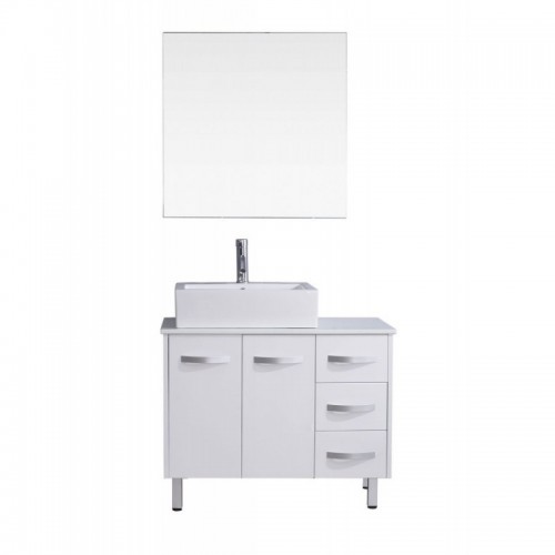 Tilda 36" Single Bathroom Vanity in White with White Engineered Stone Top and Square Sink with Polished Chrome Faucet and Mirror