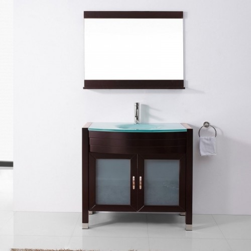 Ava 36" Single Bathroom Vanity in Espresso with Aqua Tempered Glass Top and Round Sink with Polished Chrome Faucet and Mirror