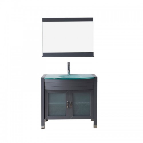 Ava 36" Single Bathroom Vanity in Grey with Aqua Tempered Glass Top and Round Sink with Polished Chrome Faucet and Mirror