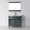 Ava 36" Single Bathroom Vanity in Grey with Aqua Tempered Glass Top and Round Sink with Polished Chrome Faucet and Mirror