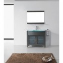 Ava 36" Single Bathroom Vanity in Grey with Aqua Tempered Glass Top and Round Sink with Brushed Nickel Faucet and Mirror