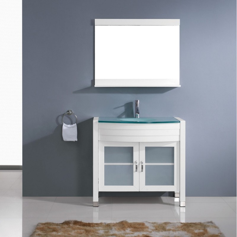 Ava 36" Single Bathroom Vanity in White with Aqua Tempered Glass Top and Round Sink with Brushed Nickel Faucet and Mirror