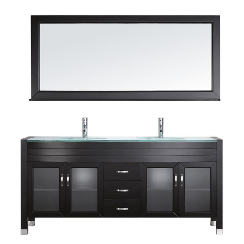 Ava 71" Double Bathroom Vanity in Espresso with Aqua Tempered Glass Top and Sink with Brushed Nickel Faucet and Mirror