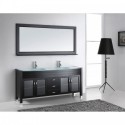 Ava 71" Double Bathroom Vanity in Espresso with Aqua Tempered Glass Top and Sink with Brushed Nickel Faucet and Mirror