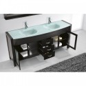 Ava 71" Double Bathroom Vanity in Espresso with Aqua Tempered Glass Top and Sink with Brushed Nickel Faucet and Mirror