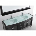 Ava 71" Double Bathroom Vanity in Espresso with Aqua Tempered Glass Top and Sink with Brushed Nickel Faucet and Mirror
