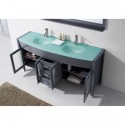 Ava 71" Double Bathroom Vanity in Grey with Aqua Tempered Glass Top and Sink with Polished Chrome Faucet and Mirror
