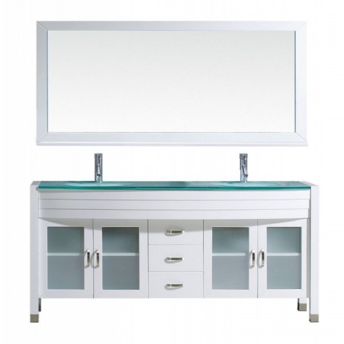 Ava 71" Double Bathroom Vanity in White with Aqua Tempered Glass Top and Sink with Polished Chrome Faucet and Mirror