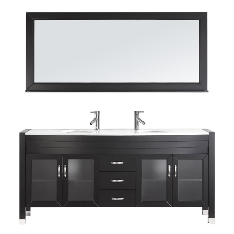 Ava 71" Double Bathroom Vanity in Espresso with White Engineered Stone Top and Round Sink with Brushed Nickel Faucet and Mirror