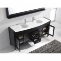 Ava 71" Double Bathroom Vanity in Espresso with White Engineered Stone Top and Round Sink with Brushed Nickel Faucet and Mirror