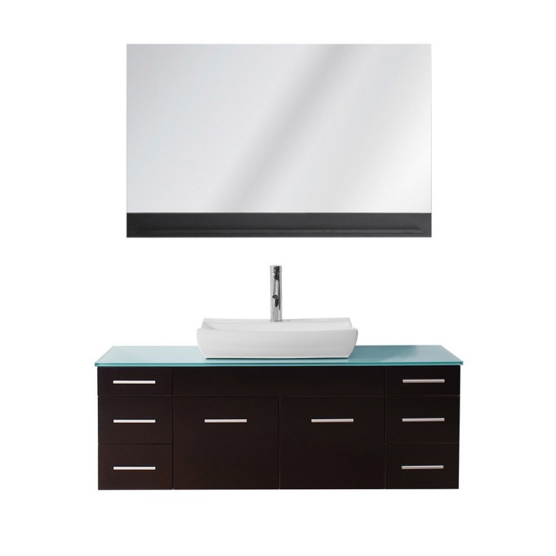 Biagio 55" Single Bathroom Vanity in Espresso with Aqua Tempered Glass Top and Odd Sink with Polished Chrome Faucet and Mirror