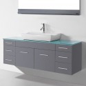 Biagio 55" Single Bathroom Vanity in Grey with Aqua Tempered Glass Top and Odd Sink with Polished Chrome Faucet and Mirror