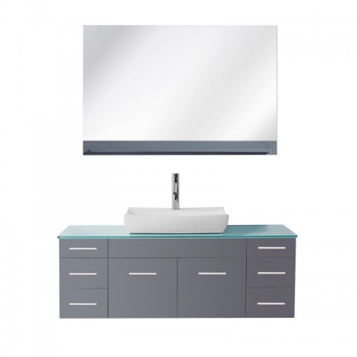 Biagio 55" Single Bathroom Vanity in Grey with Aqua Tempered Glass Top and Odd Sink with Brushed Nickel Faucet and Mirror