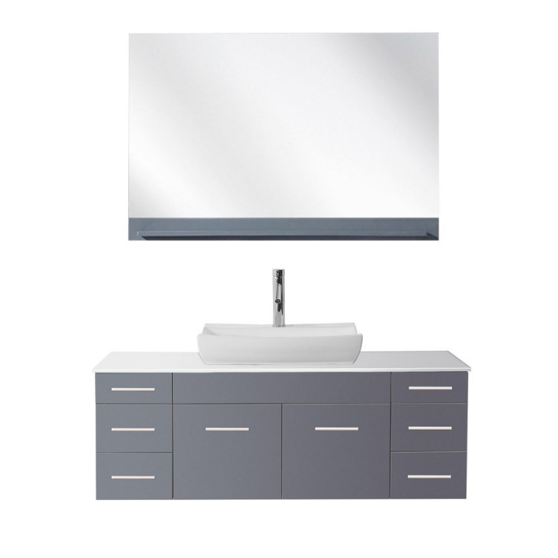Biagio 55" Single Bathroom Vanity in Grey with White Engineered Stone Top and Odd Sink with Brushed Nickel Faucet and Mirror