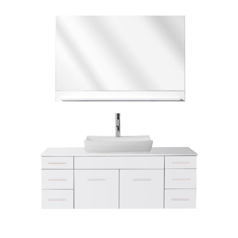 Biagio 55" Single Bathroom Vanity in White with White Engineered Stone Top and Odd Sink with Brushed Nickel Faucet and Mirror