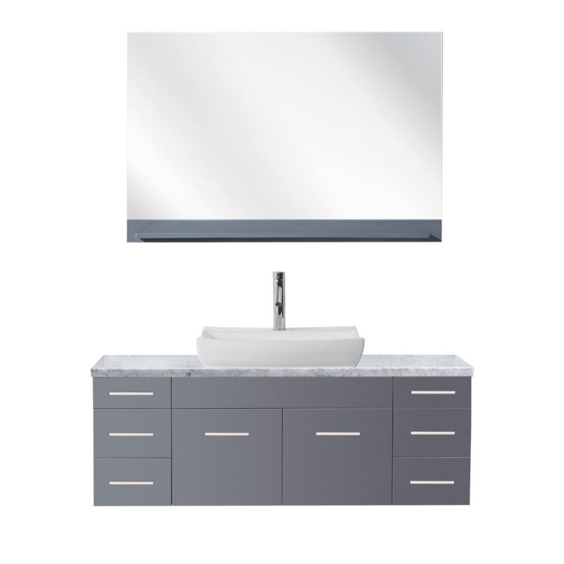 Biagio 55" Single Bathroom Vanity in Grey with Marble Top and Odd Sink with Brushed Nickel Faucet and Mirror
