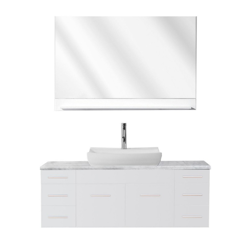 Biagio 55" Single Bathroom Vanity in White with Marble Top and Odd Sink with Brushed Nickel Faucet and Mirror
