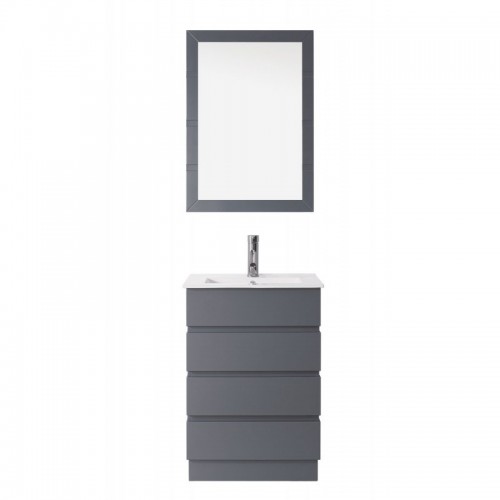 Bruno 24" Single Bathroom Vanity in Grey with Slim White Ceramic Top and Square Sink with Polished Chrome Faucet and Mirror