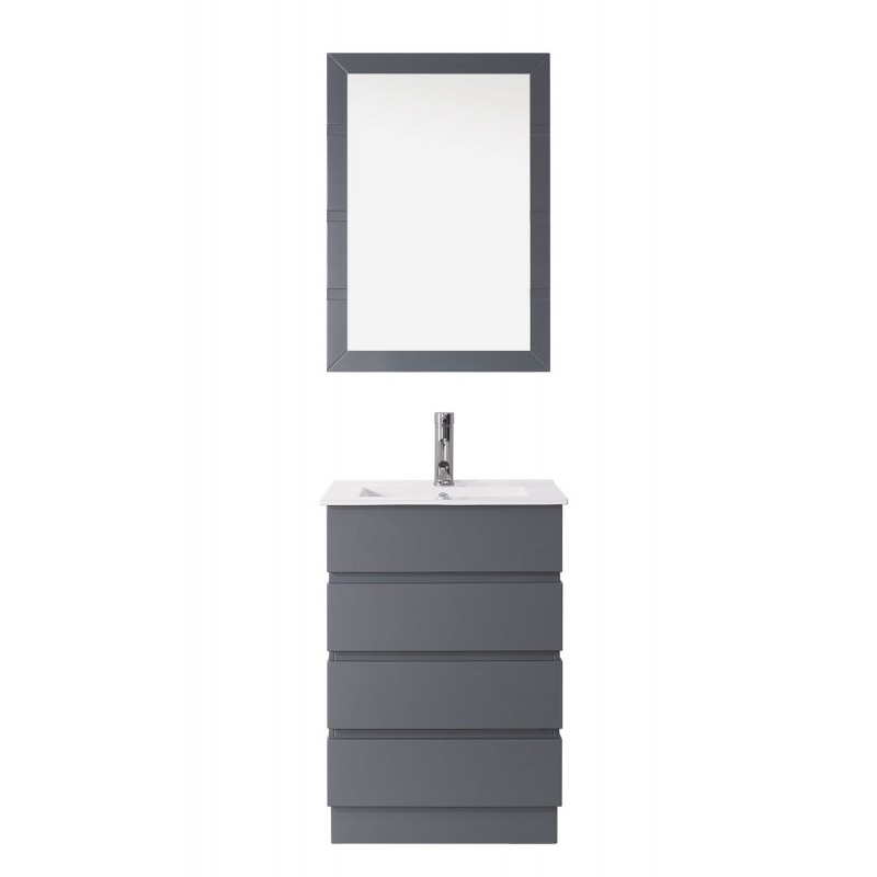 Bruno 24" Single Bathroom Vanity in Grey with Slim White Ceramic Top and Square Sink with Polished Chrome Faucet and Mirror