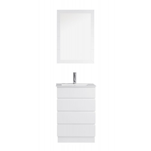Bruno 24" Single Bathroom Vanity in White with Slim White Ceramic Top and Square Sink with Polished Chrome Faucet and Mirror