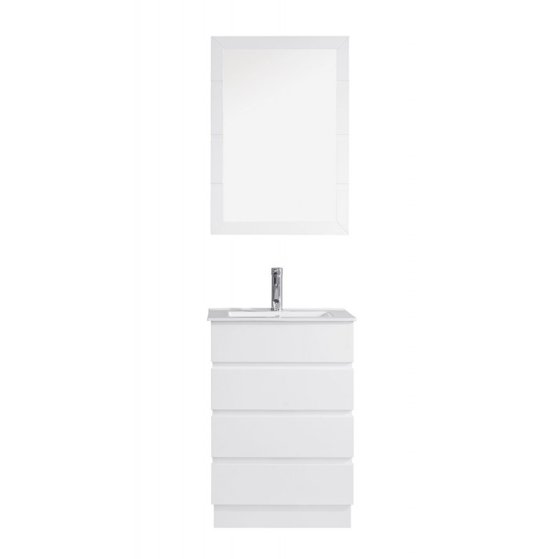 Bruno 24" Single Bathroom Vanity in White with Slim White Ceramic Top and Square Sink with Polished Chrome Faucet and Mirror