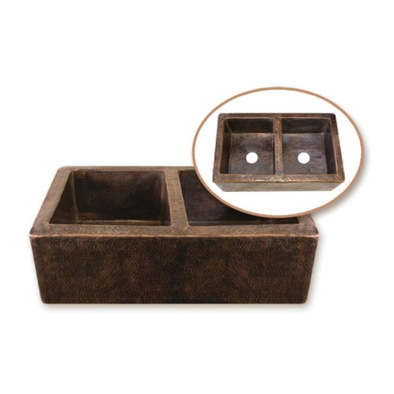 Houzer HW-COP12 Farm House Undermount Double Basin Hand Hammered Copper Kitchen Sink