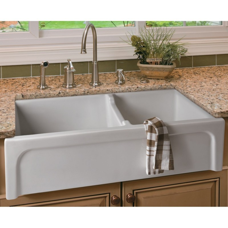 ALFI brand AB3618ARCH-W 36" White Arched Apron Thick Wall Fireclay Double Bowl Farm Sink