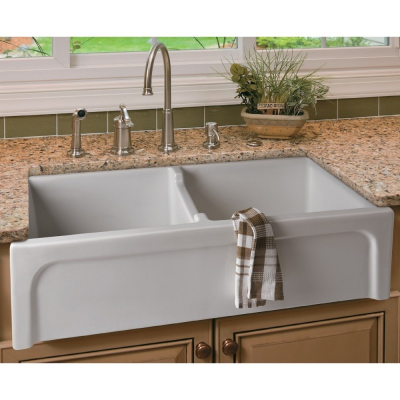 ALFI brand AB3918ARCH-W 39" White Arched Apron Thick Wall Fireclay Double Bowl Farm Sink