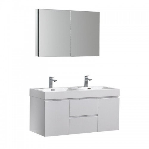 Fresca Valencia 48" Glossy White Wall Hung Double Sink Modern Bathroom Vanity w/ Medicine Cabinet