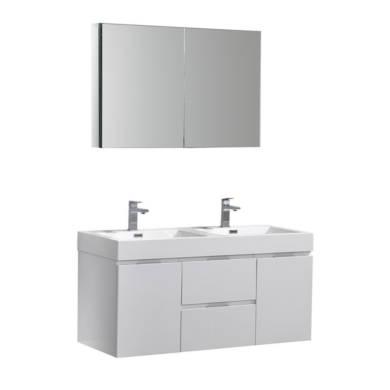 Fresca Valencia 48" Glossy White Wall Hung Double Sink Modern Bathroom Vanity w/ Medicine Cabinet