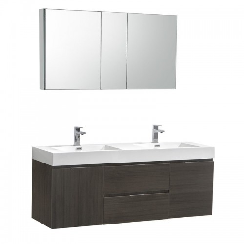 Fresca Valencia 60" Gray Oak Wall Hung Double Sink Modern Bathroom Vanity w/ Medicine Cabinet