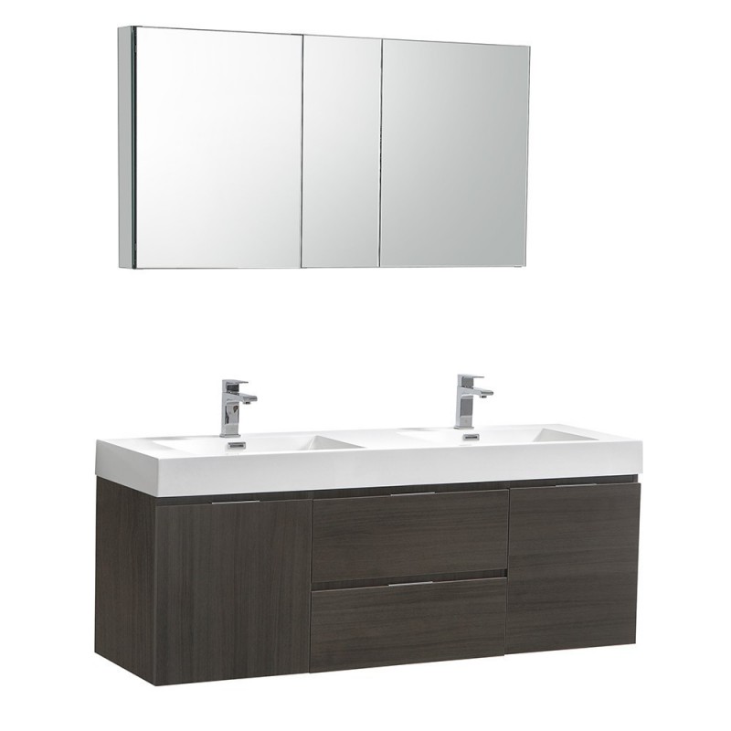 Fresca Valencia 60" Gray Oak Wall Hung Double Sink Modern Bathroom Vanity w/ Medicine Cabinet