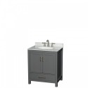 30 inch Single Bathroom Vanity in Dark Gray, White Carrara Marble Countertop, Undermount Oval Sink, and No Mirror