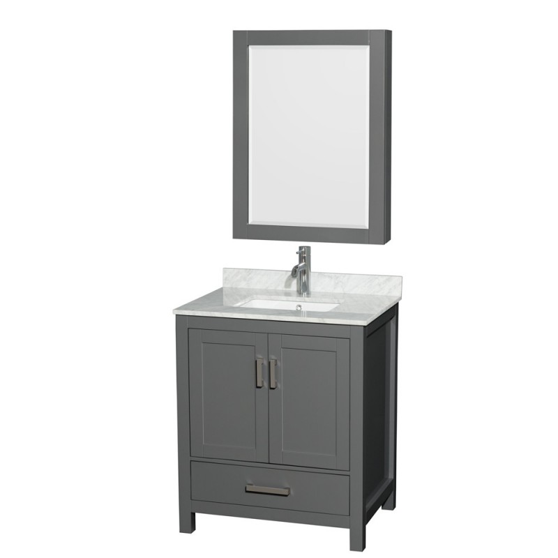 30 inch Single Bathroom Vanity in Dark Gray, White Carrara Marble Countertop, Undermount Square Sink, and Medicine Cabinet