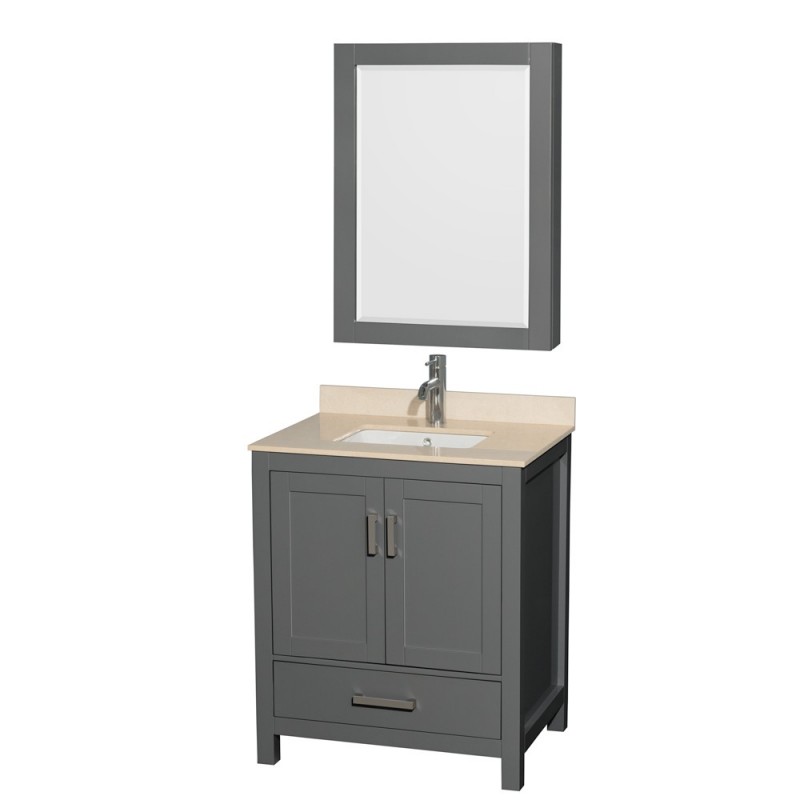 30 inch Single Bathroom Vanity in Dark Gray, Ivory Marble Countertop, Undermount Square Sink, and Medicine Cabinet