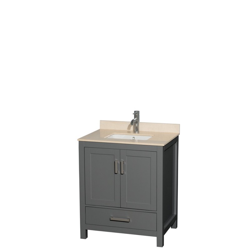 30 inch Single Bathroom Vanity in Dark Gray, Ivory Marble Countertop, Undermount Square Sink, and No Mirror