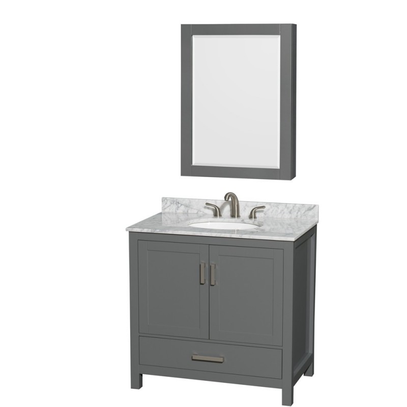 36 inch Single Bathroom Vanity in Dark Gray, White Carrara Marble Countertop, Undermount Oval Sink, and Medicine Cabinet