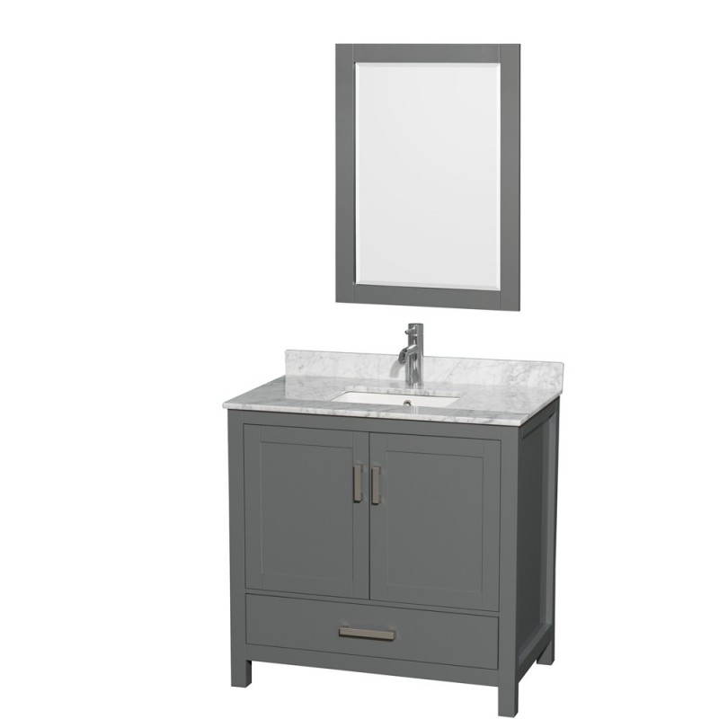 36 inch Single Bathroom Vanity in Dark Gray, White Carrara Marble Countertop, Undermount Square Sink, and 24 inch Mirror