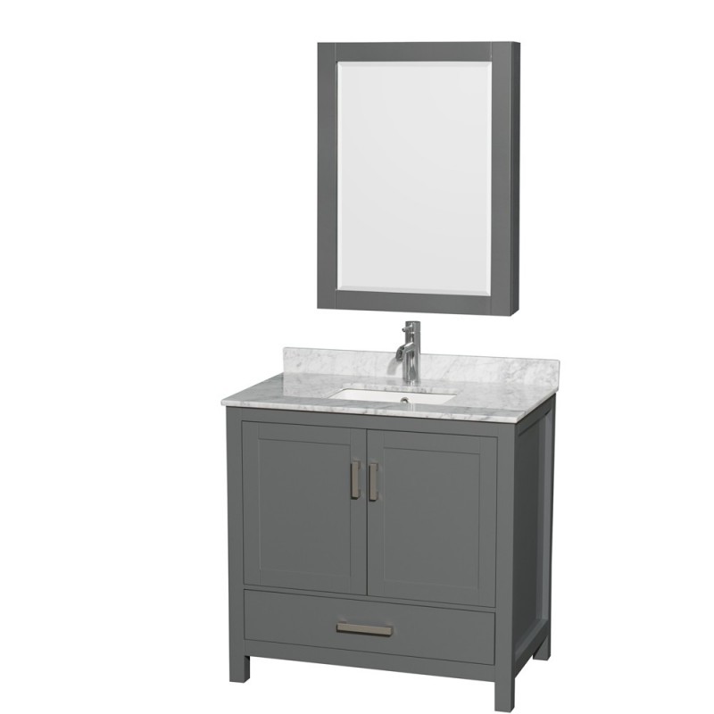 36 inch Single Bathroom Vanity in Dark Gray, White Carrara Marble Countertop, Undermount Square Sink, and Medicine Cabinet