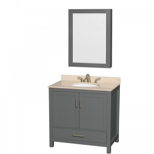 36 inch Single Bathroom Vanity in Dark Gray, Ivory Marble Countertop, Undermount Oval Sink, and Medicine Cabinet