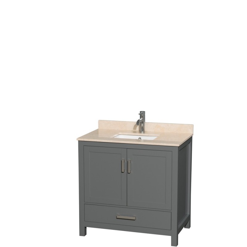 36 inch Single Bathroom Vanity in Dark Gray, Ivory Marble Countertop, Undermount Square Sink, and No Mirror